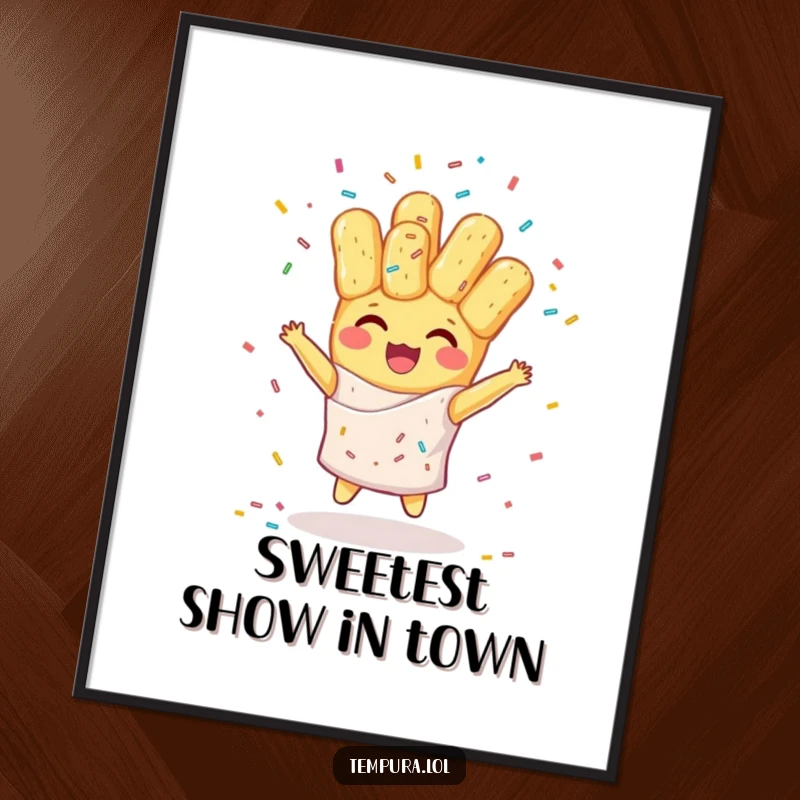 Funny poster capturing a happy tempura character juggling colorful sprinkles, ideal for adding a cheerful and humorous touch to decor.