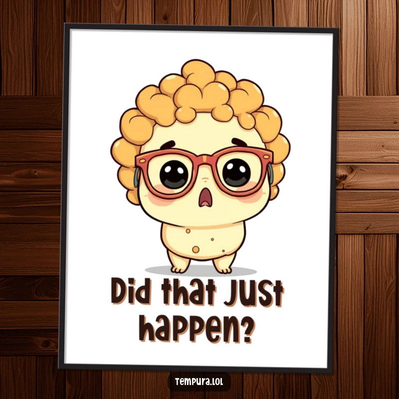 Funny tempura character sporting ridiculously funny glasses, looking utterly astonished, vibrant wall art.