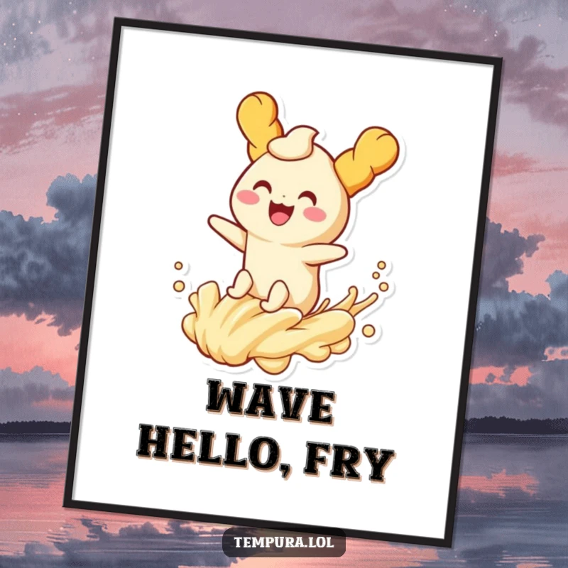 Funny tempura character smiling, joyfully riding a playful wave of batter on a vibrant poster, capturing exciting movement.