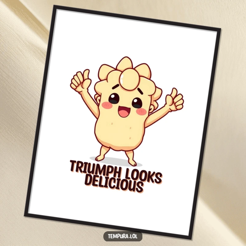 Funny poster of a tempura character striking a bold, triumphant pose, celebrating a humorous victory in art form.