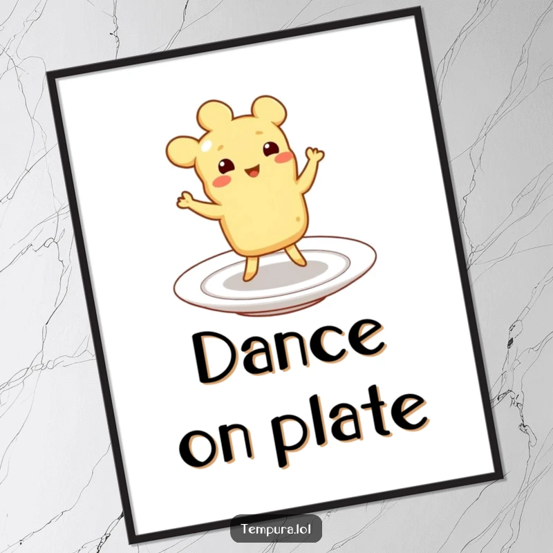 Funny Tempura Poster: A piece of tempura food joyfully performing a little jig on a plate, ideal for cheerful wall decor.
