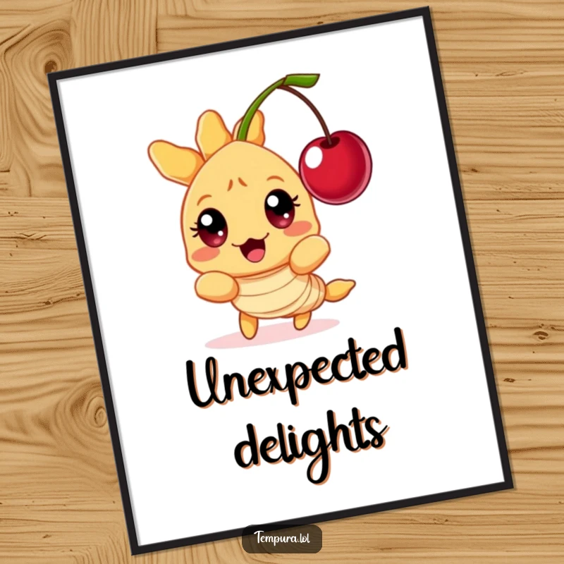 Funny Tempura Shrimp Poster: A character with wide, surprised eyes looking at a floating cherry, capturing a moment of humorous shock.