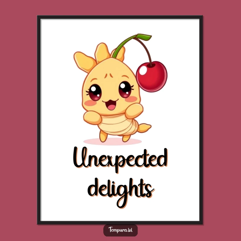 Funny Wall Art: Surprised Tempura Shrimp Poster, Wide-Eyed Shock, Cherry Surprise, Hilarious Funny Gift