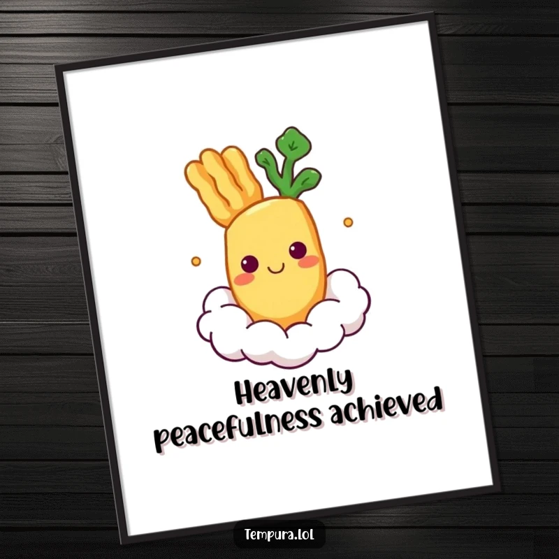 Funny Poster showcasing a smiling tempura vegetable character serenely floating on a fluffy cloud.