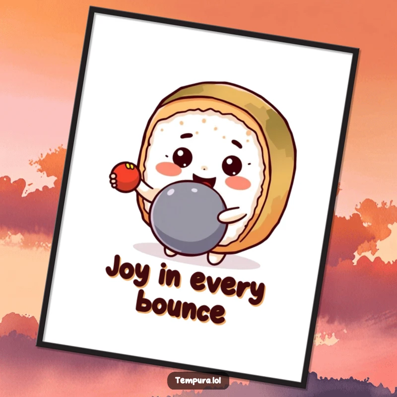 Funny Poster of a grinning Kawaii sushi roll character playfully bouncing a ball with enthusiasm.