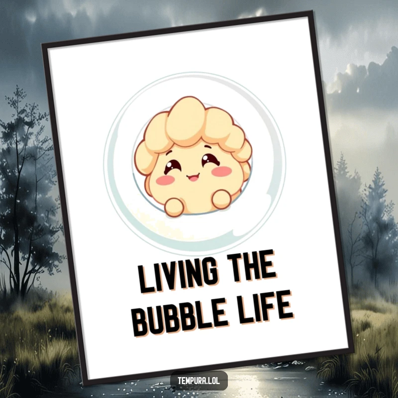 Funny poster capturing a tempura character with a cheeky grin peeking from inside a giant bubble, adding humor to any room decor.