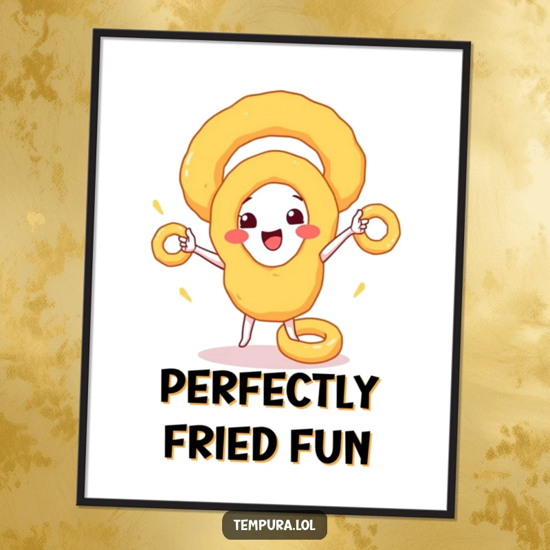 Funny Poster: A happy tempura onion ring juggling smaller rings, creating a humorous and appetizing piece of wall art.
