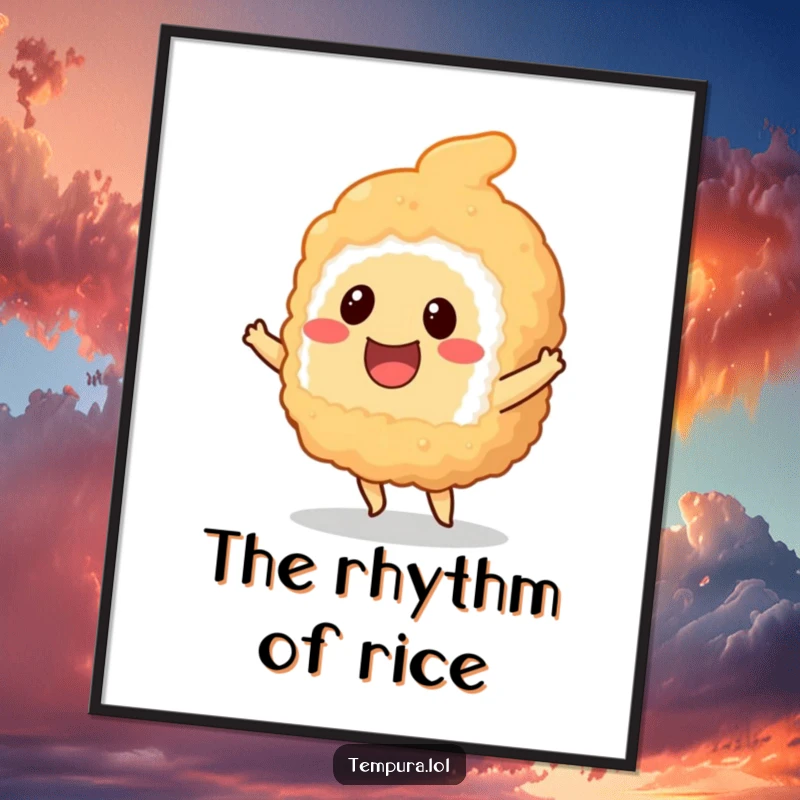 Funny smiling tempura sushi piece doing a happy little dance, presented as captivating wall art.