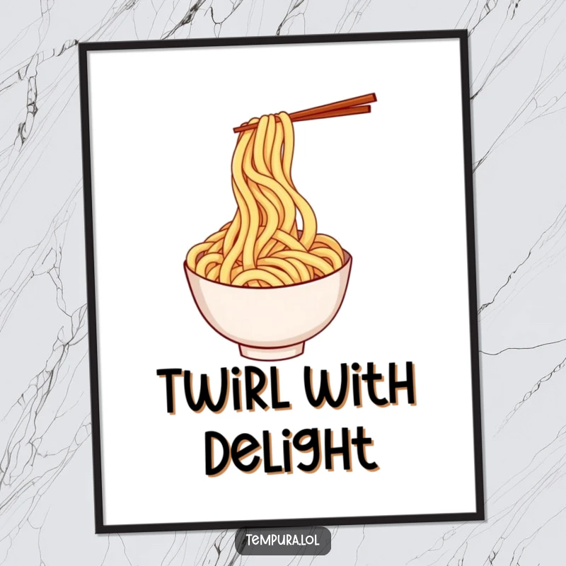 Funny tempura udon noodle poster depicting a playful, twirling noodle character in a fun, artistic style.