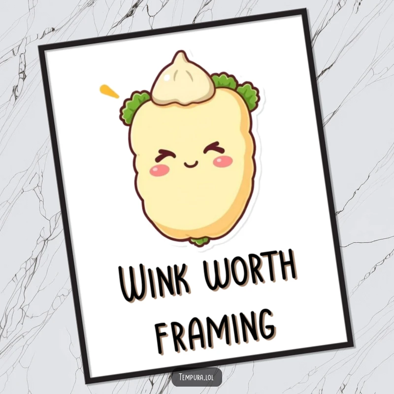 Funny tempura vegetable winking on a poster, creating a bold and humorous focal point for wall decor.
