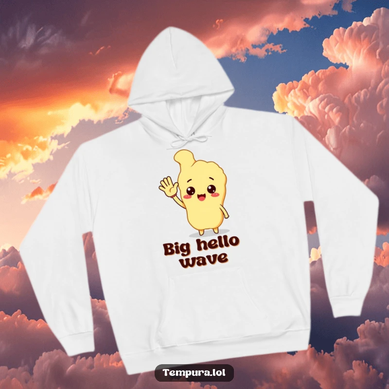 Funny tempura character giving an energetic, friendly wave hello, a cozy hoodie for warm greetings.