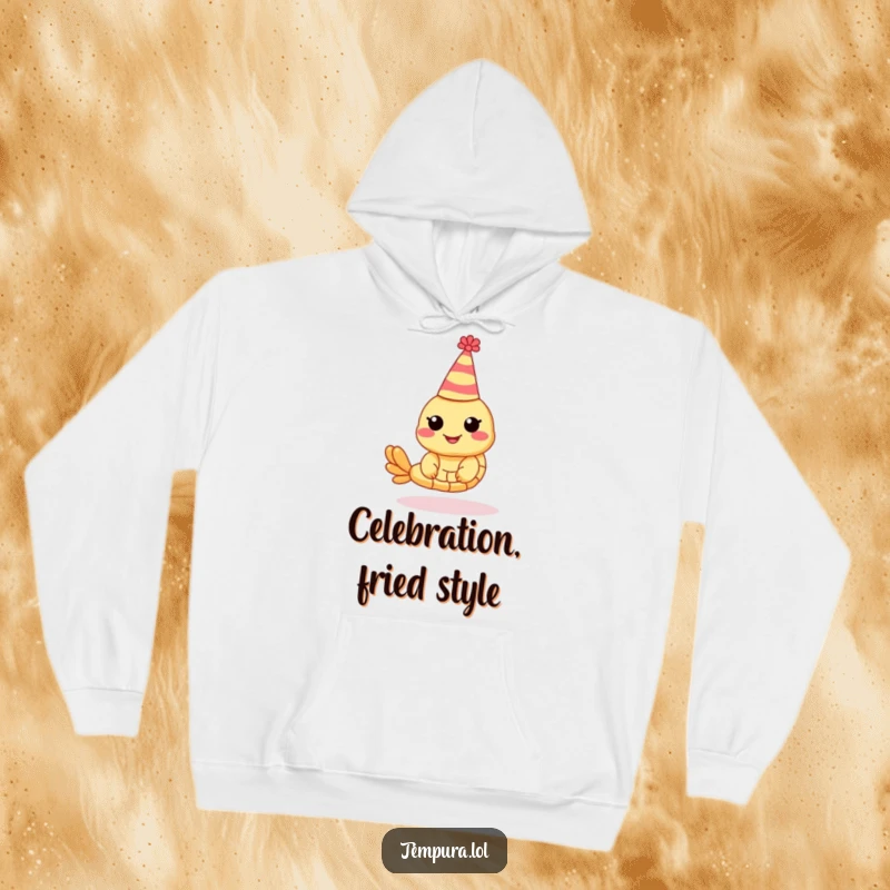 Funny Shrimp Tempura Hoodie: A crispy shrimp tempura character wears a party hat, ideal for cozy, festive wear.
