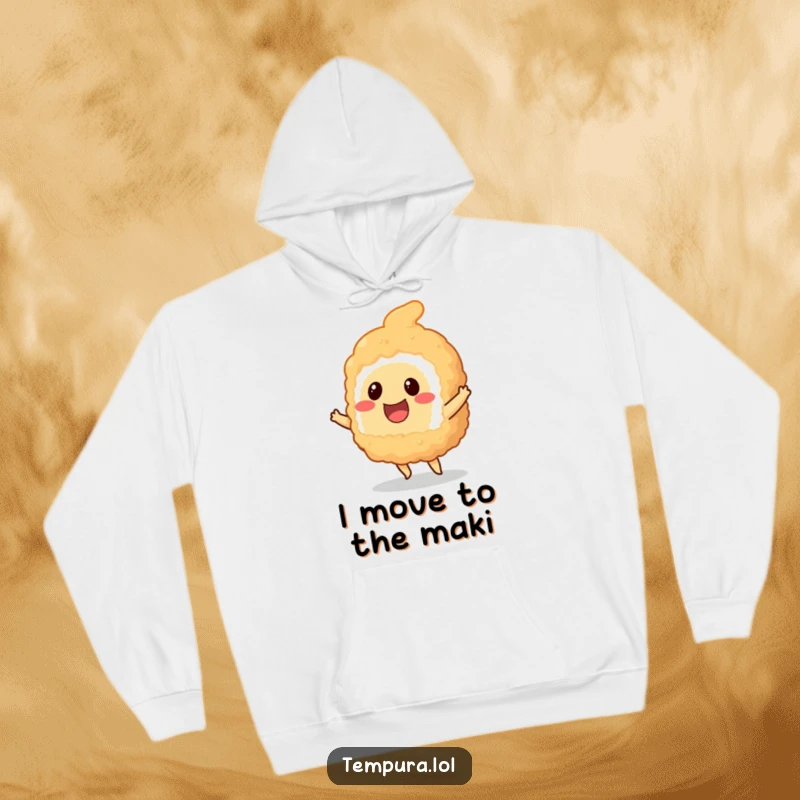 Funny smiling tempura sushi piece doing a little dance, featured on a soft and warm hoodie.