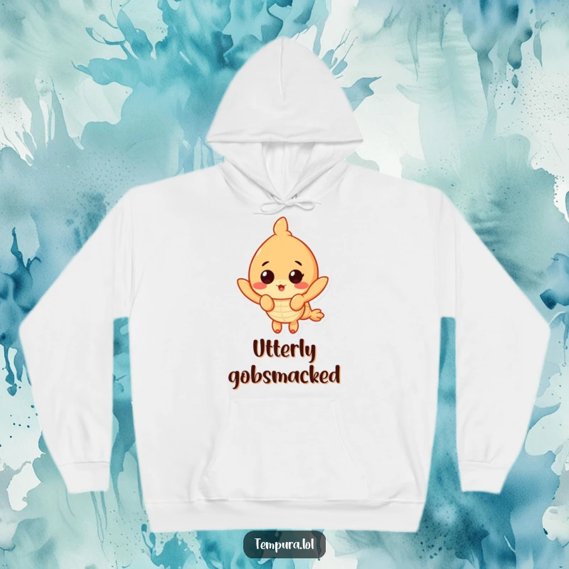 Funny Surprised Shrimp Hoodie: A tempura shrimp with a shocked face, offering warmth and a humorous, relatable expression.
