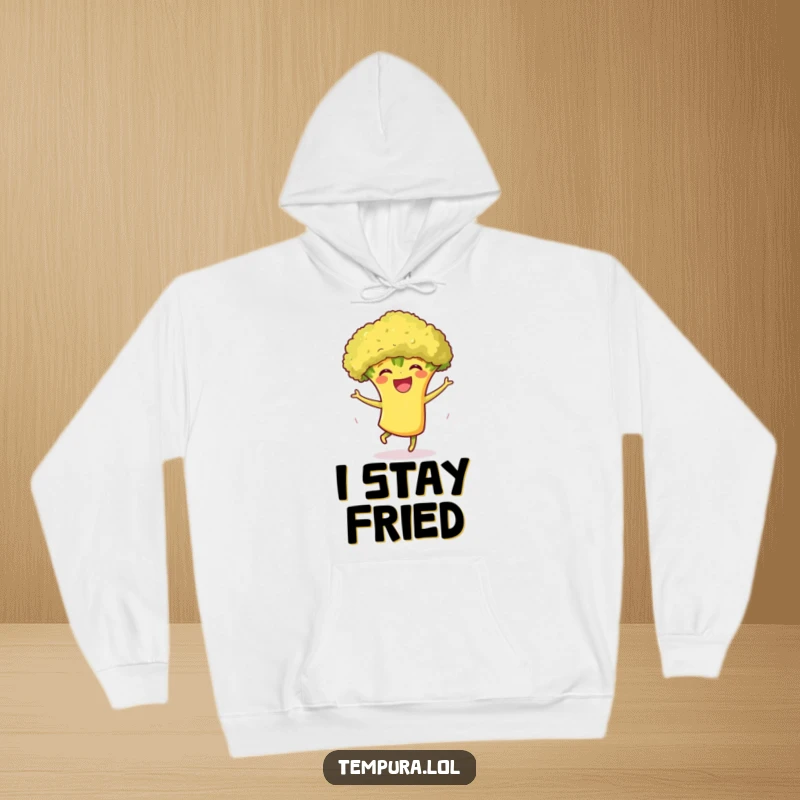 Funny Tempura Broccoli Dance Hoodie: A cheerful tempura broccoli illustration in a joyful dance pose, perfect for cozy, humorous wear.