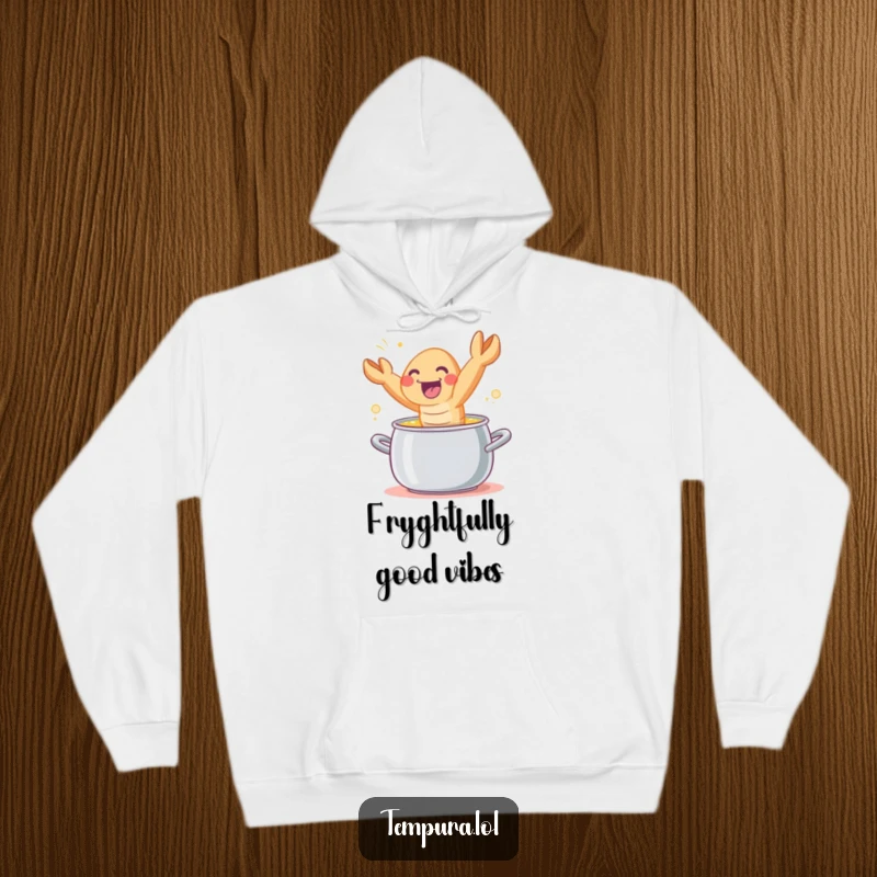 Funny tempura shrimp character leaping joyfully out of a cooking pot, depicted on a cozy, warm hoodie.