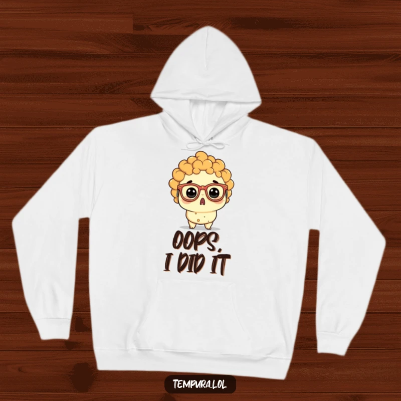 Funny tempura character with absurdly large spectacles, looking shocked, cozy hoodie for humorous warmth.
