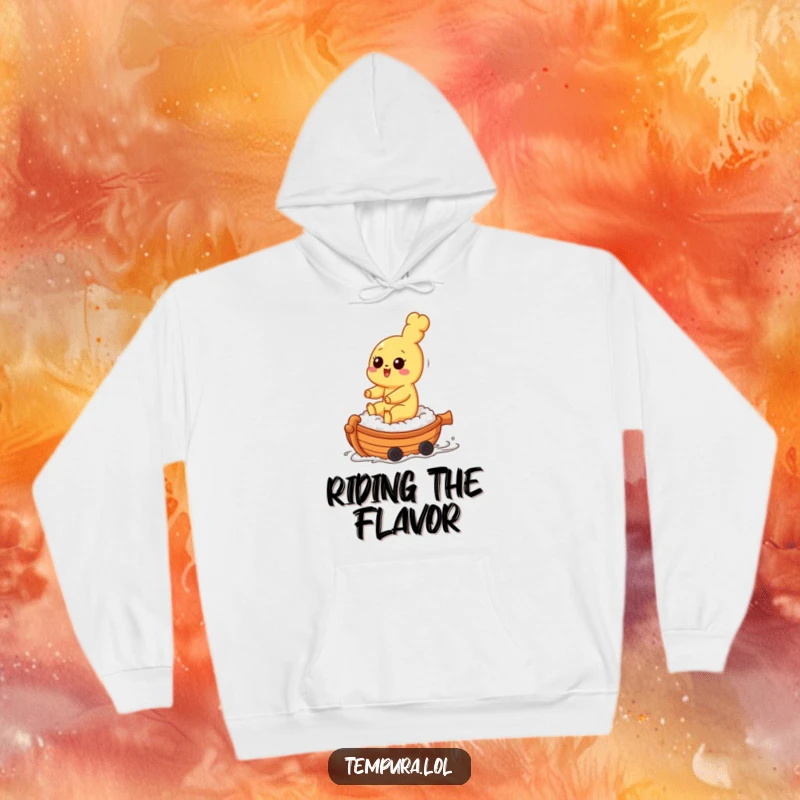 Funny tempura character riding a sushi boat on a soft hoodie, a cozy and humorous piece for casual wear.