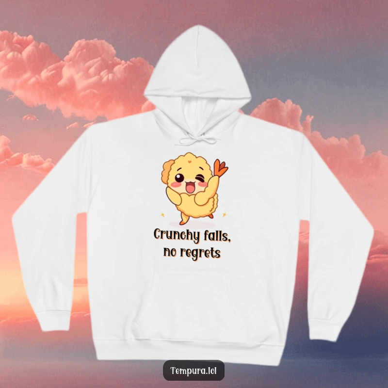 Funny Hoodie illustrating a charming tempura shrimp character tripping hilariously over its own crispy exterior.