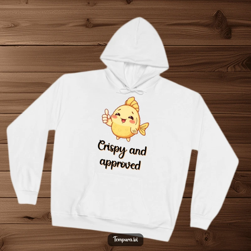 Funny Fish Tempura Hoodie: A crispy fish tempura character flashes a thumbs up, perfect for cozy, funny wear.