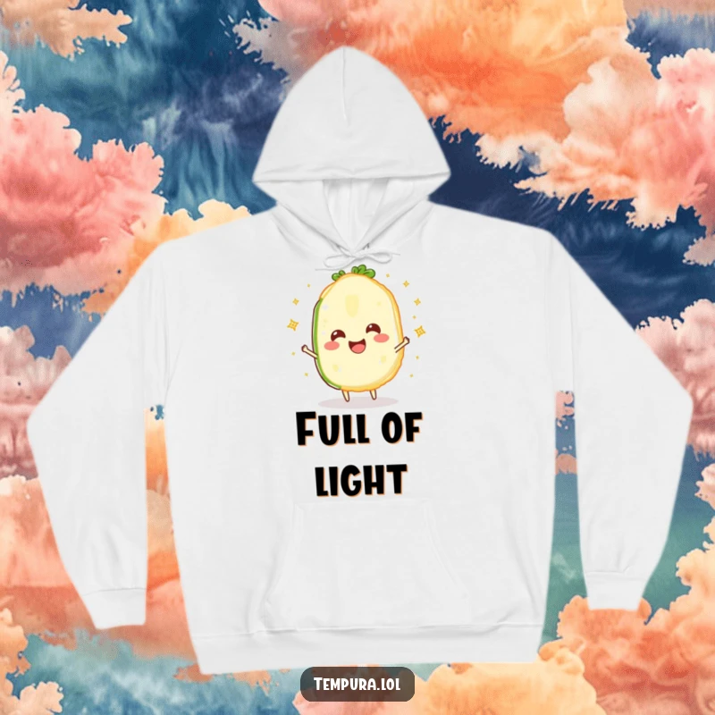 Funny Sparkling Veggie Slice Hoodie: A cheerful tempura vegetable slice juggling sparkles, offering warmth and a touch of whimsical humor.