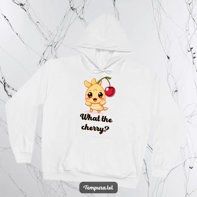 Funny Tempura Shrimp Hoodie: A wide-eyed tempura shrimp character in shock from a floating cherry, bringing humorous comfort.