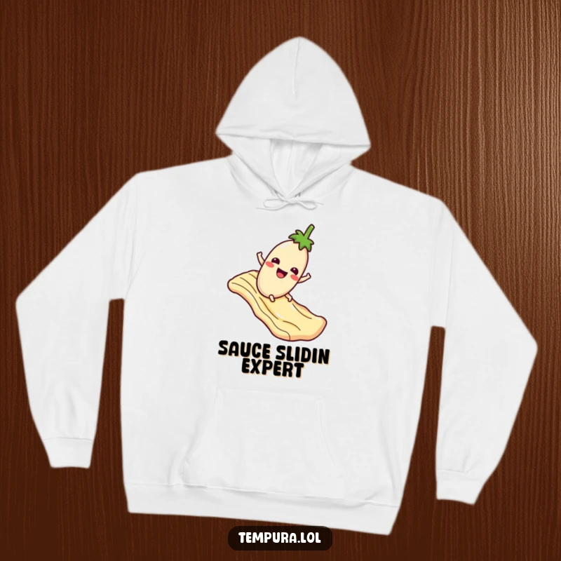 Funny Hoodie: A joyful tempura eggplant character sliding down a sauce slide, offering cozy and delicious humor.