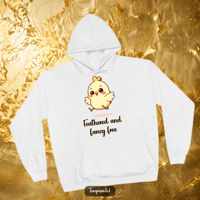 Funny hoodie displaying a giggling chicken tempura character doing a joyful, silly hop, perfect for spreading cheer.
