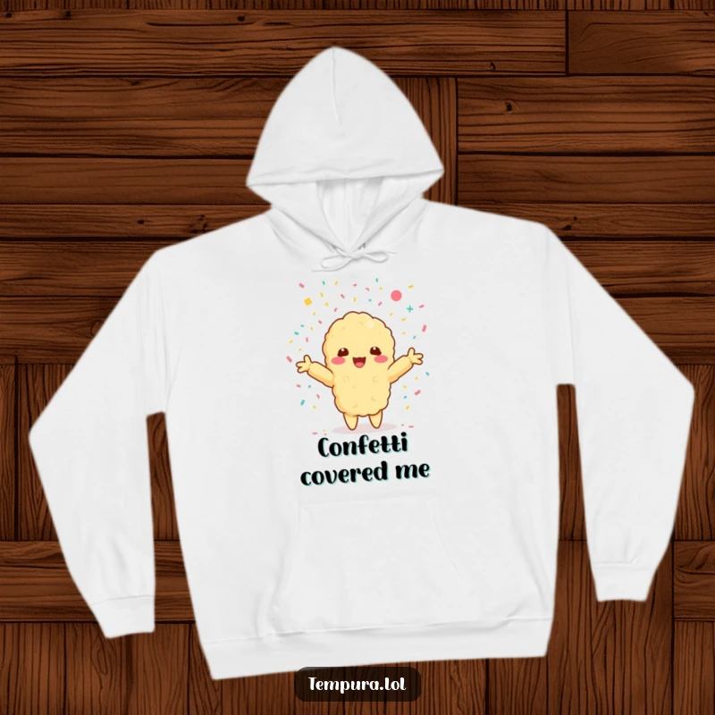Funny hoodie featuring a Kawaii tempura shrimp character with arms outstretched, embracing a shower of confetti.