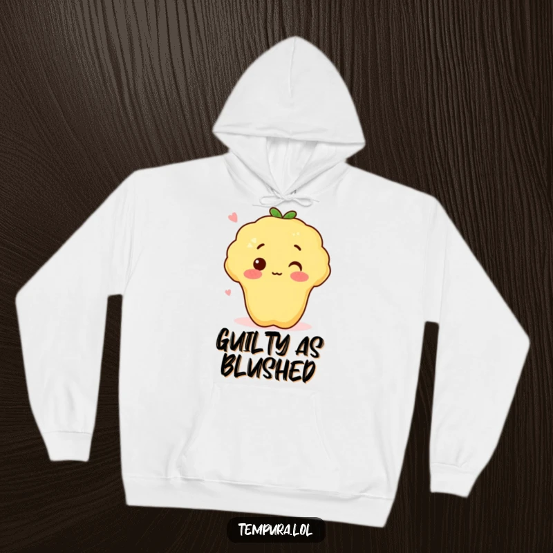 Funny tempura sweet potato with a surprised blush, depicted on a cozy hoodie, perfect for warm and humorous wear.