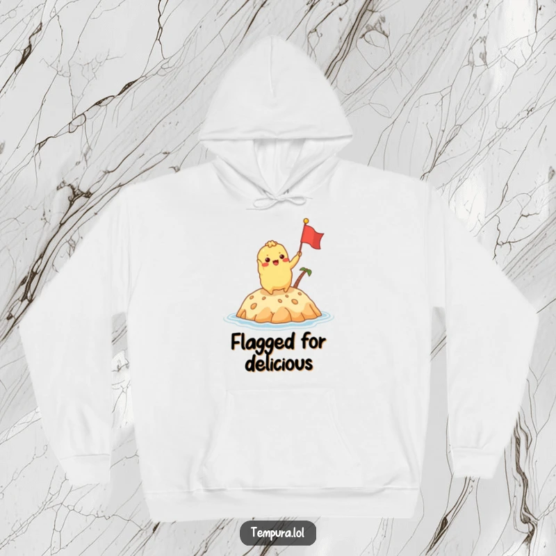 Funny tempura character excitedly waving a tiny flag on a delicious island on a hoodie, perfect for cozy adventures.