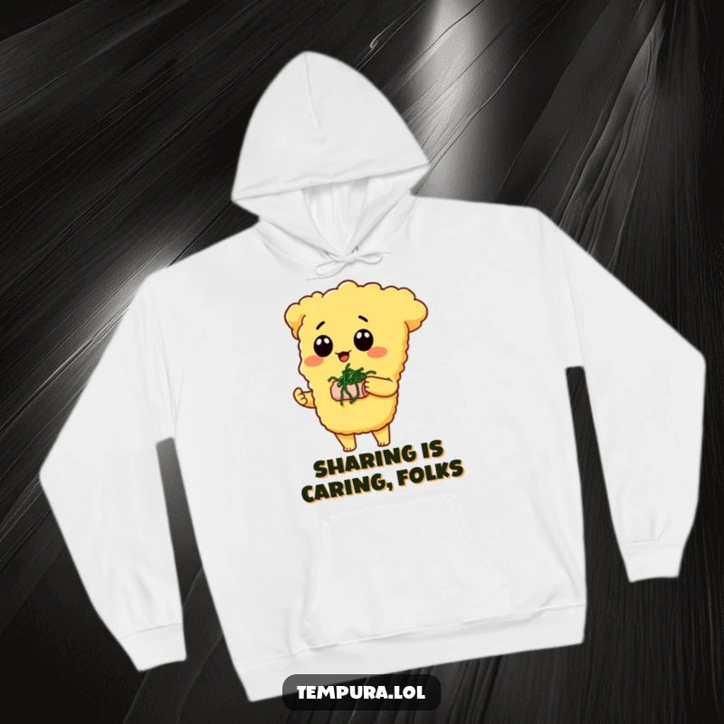 Funny Hoodie: A crispy tempura character offers a tiny seaweed snack, a humorous and heartwarming gesture of sharing.