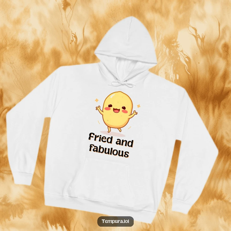 Funny Tempura Sweet Potato Hoodie: A crispy tempura sweet potato character dances happily, perfect for cozy, funny wear.