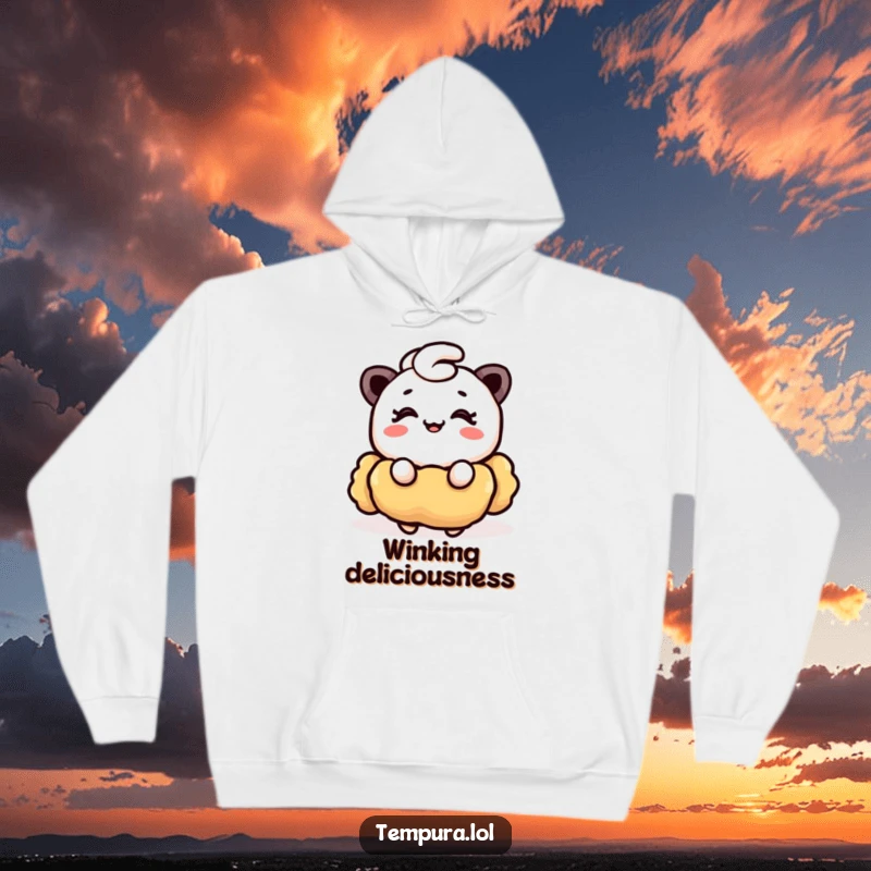 Funny Tempura Hoodie: A cozy hoodie depicting a funny piece of tempura winking with a small, happy smile.