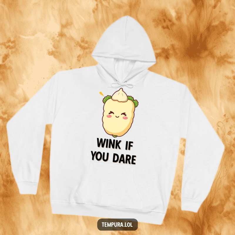 Funny tempura vegetable winking on a warm hoodie, offering comfort and a touch of mischievous humor.