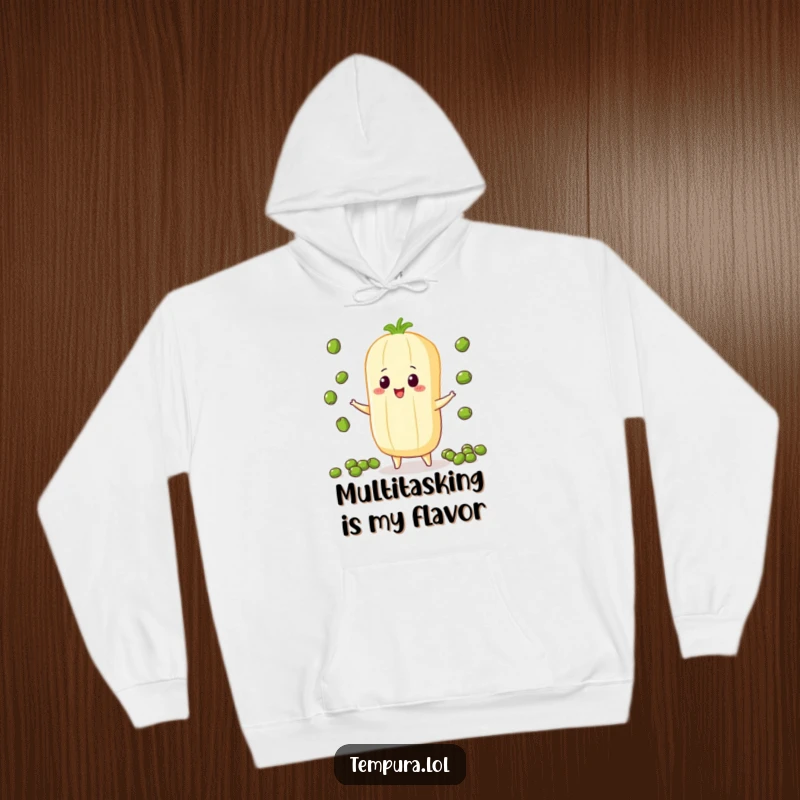 Funny Juggling Vegetable Hoodie, depicted juggling small peas, offering warmth and a humorous nod to multi-tasking prowess.