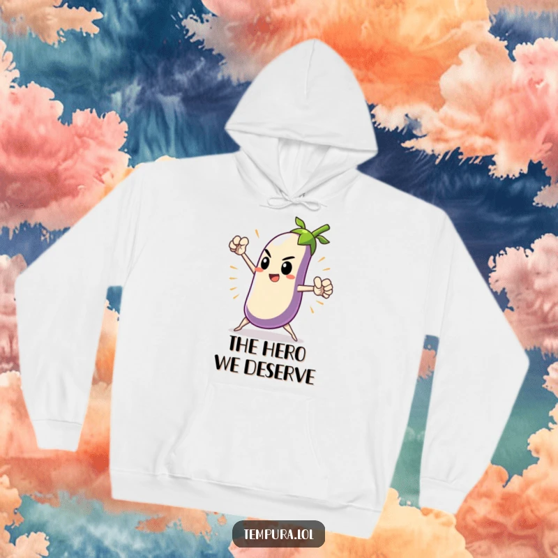 Funny Heroic Tempura Eggplant Hoodie featuring a tempura eggplant character in a dramatic, heroic pose, offering warmth and a humorous, bold design.