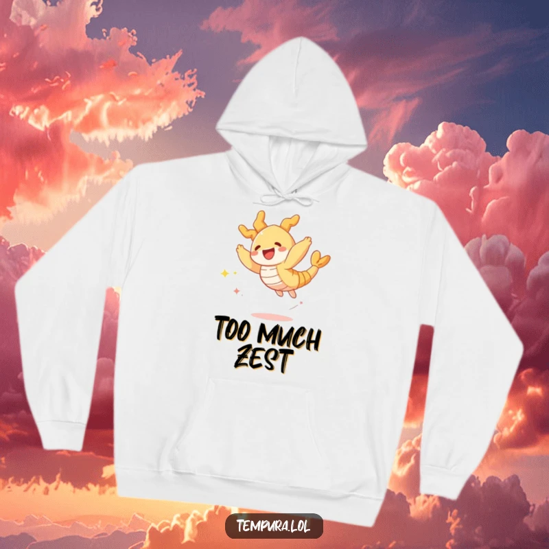 Funny hoodie featuring a crispy tempura shrimp character joyfully leaping, scattering sparkles, radiating energetic charm and delicious fun.