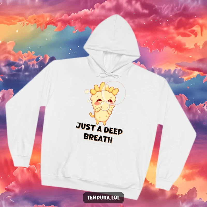 Funny tempura character exhaling a large, iridescent bubble, cozy hoodie design for a humorous and warm feel.