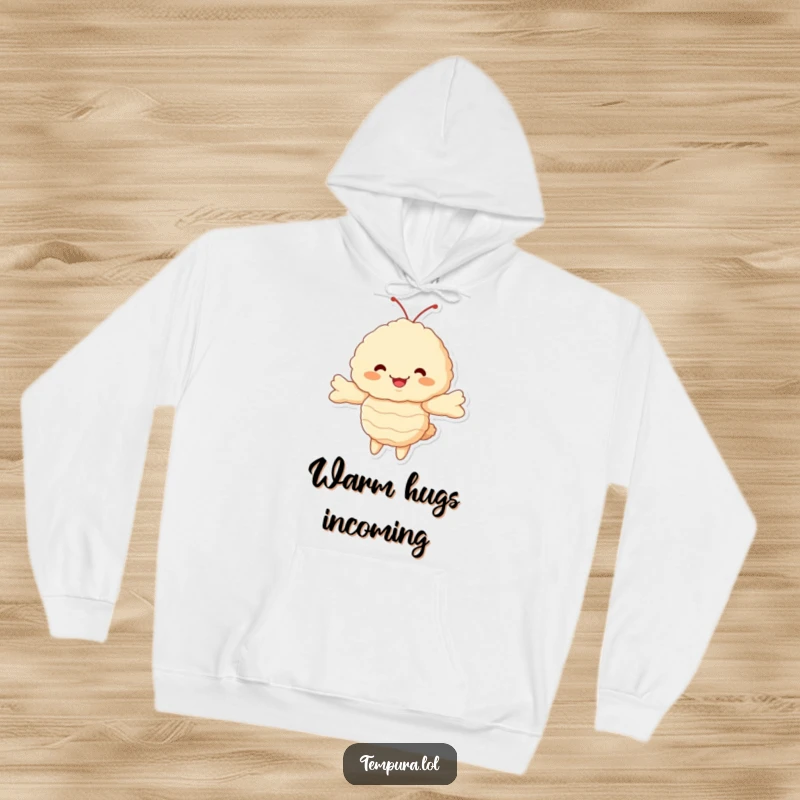 Funny Tempura Shrimp Hoodie: A soft, fluffy ebi character in a warm embrace pose, offering comfort and a humorous touch.