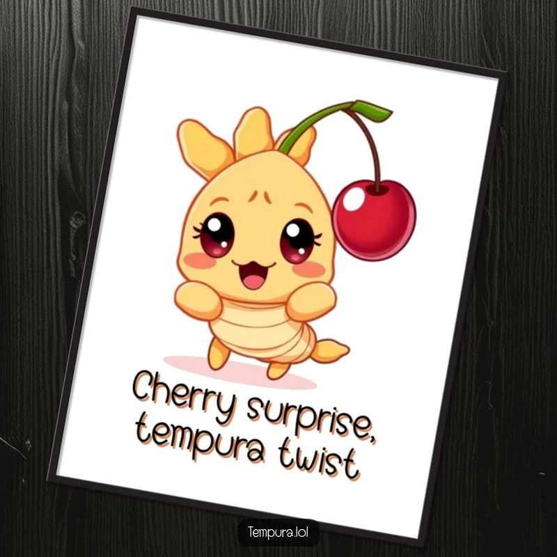 Funny Free Printable Wall Art of a tempura shrimp character with comically wide eyes, startled by a floating cherry.