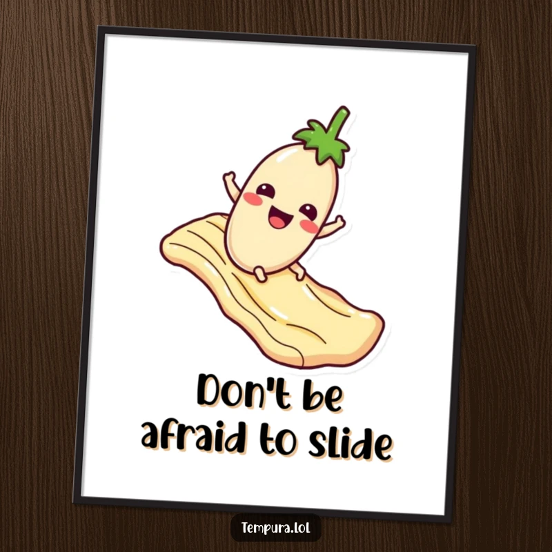 Funny Free Printable Wall Art: A Tempura Eggplant Character Gleefully Sliding Down a Wavy Sauce Slide