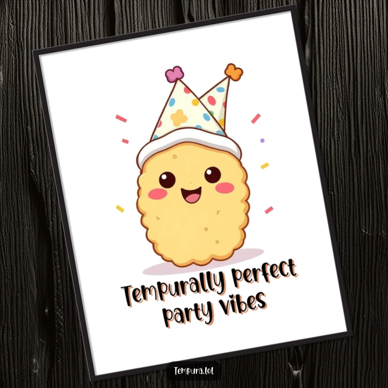 Funny Free Printable Wall Art of a smiling tempura character in a party hat, enthusiastically celebrating with confetti, creating a festive atmosphere.
