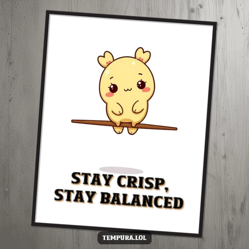 Funny Free Printable Wall Art depicting a charming tempura character balancing expertly on a single chopstick.