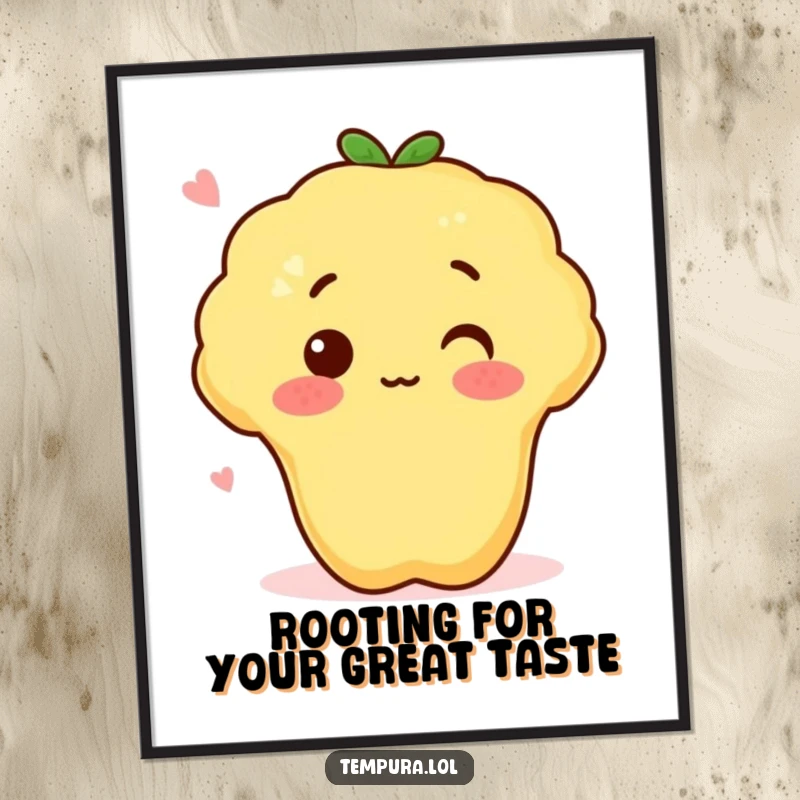 Funny Free Printable Wall Art: A tempura sweet potato tempura blushing with surprise, adding comical decor to any room.