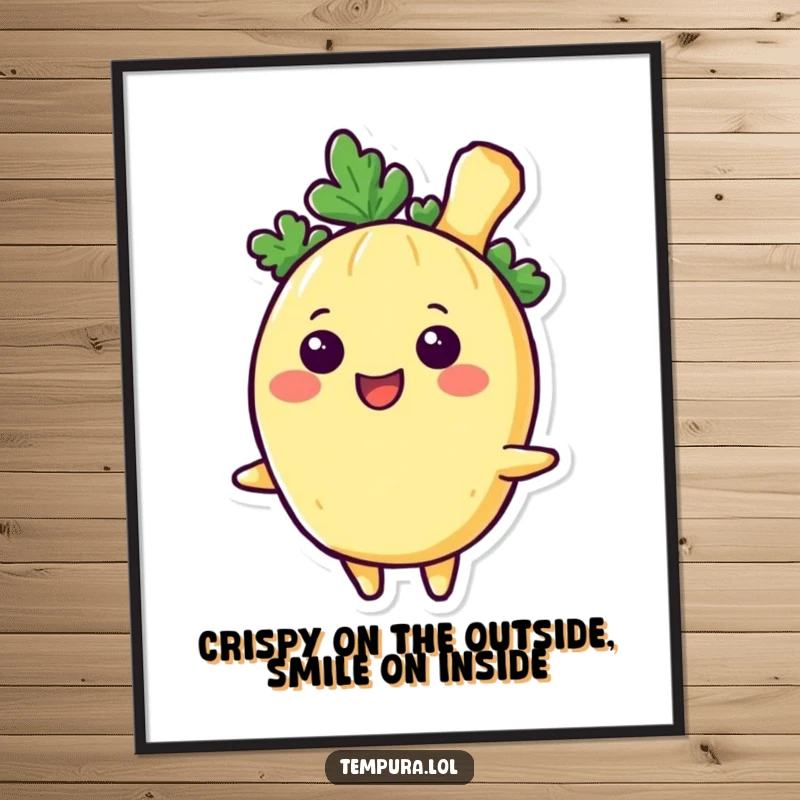 Funny Free Printable Wall Art: A happy tempura vegetable character beaming with a huge smile, bringing foodie fun to walls.