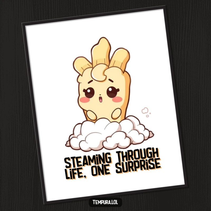 Funny Free Printable Wall Art: A tempura character with a surprised wink emerging from a cloud of aromatic steam.