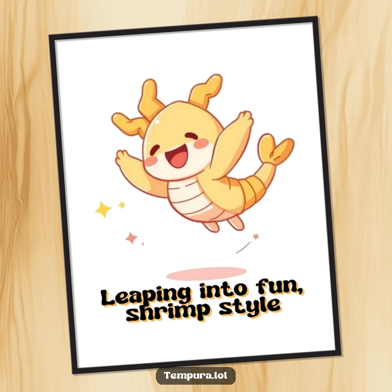 Funny Free Printable Tempura Shrimp Wall Art: A crispy tempura shrimp character mid-leap, leaving a trail of bright sparkles.