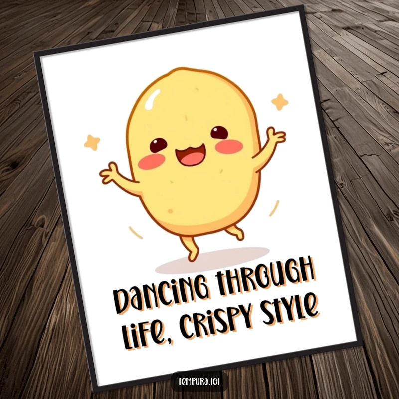 Funny Free Printable wall art depicting a sweet potato tempura character enthusiastically doing a happy, energetic dance.