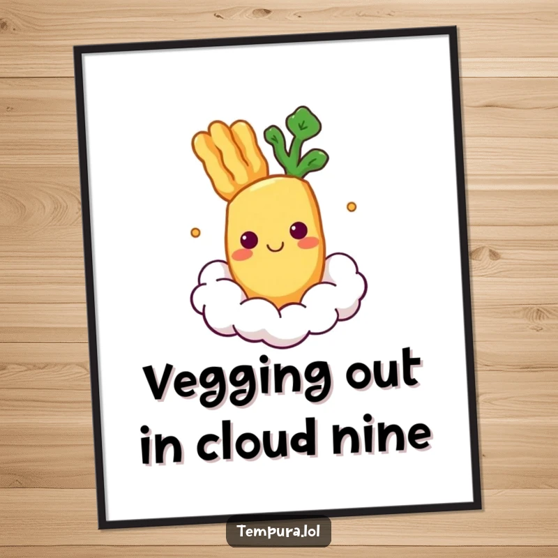 Funny Free Printable Wall Art: A tempura vegetable smiles while peacefully floating on a soft cloud. Downloadable whimsical art.